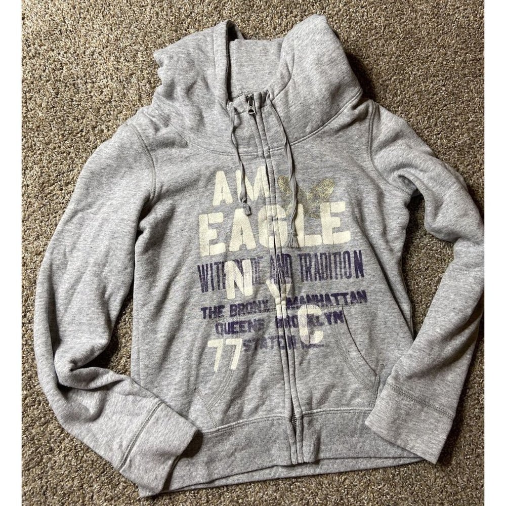 New York American Eagle Girl Gray Zip Hoodie Medium Mock Neck Pocket Fall School